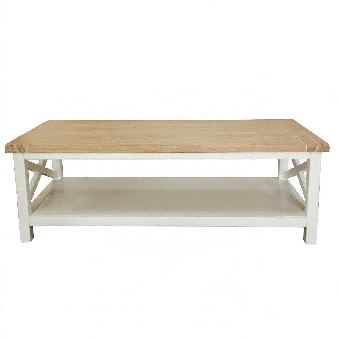 A rectangular coffee table with a light natural wood top and a white painted frame featuring an open lower shelf and X-shaped corner supports, shown against a plain white background.