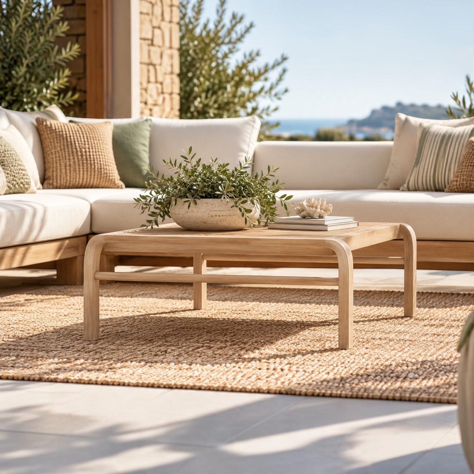 A light natural wood coffee table with a lower shelf, styled with a potted green plant and books, set on a woven jute rug in front of a modern outdoor sectional sofa with neutral-toned cushions.