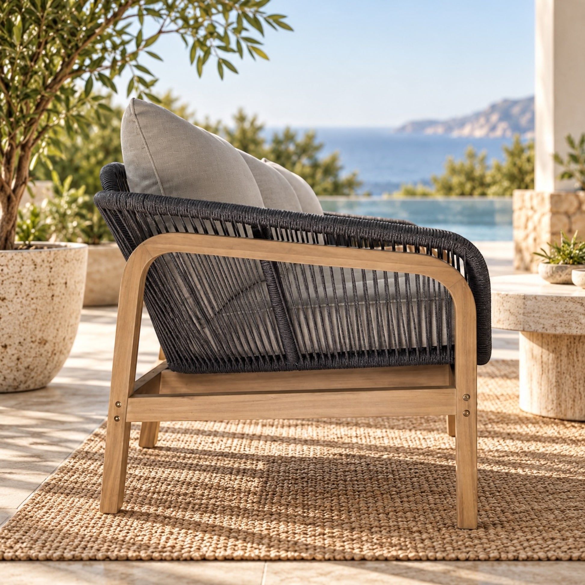 Outdoor armchair with a woven dark gray rope seat and back, light natural wood frame, and two light gray cushions, shown on a patio with a beach and ocean view in the background.