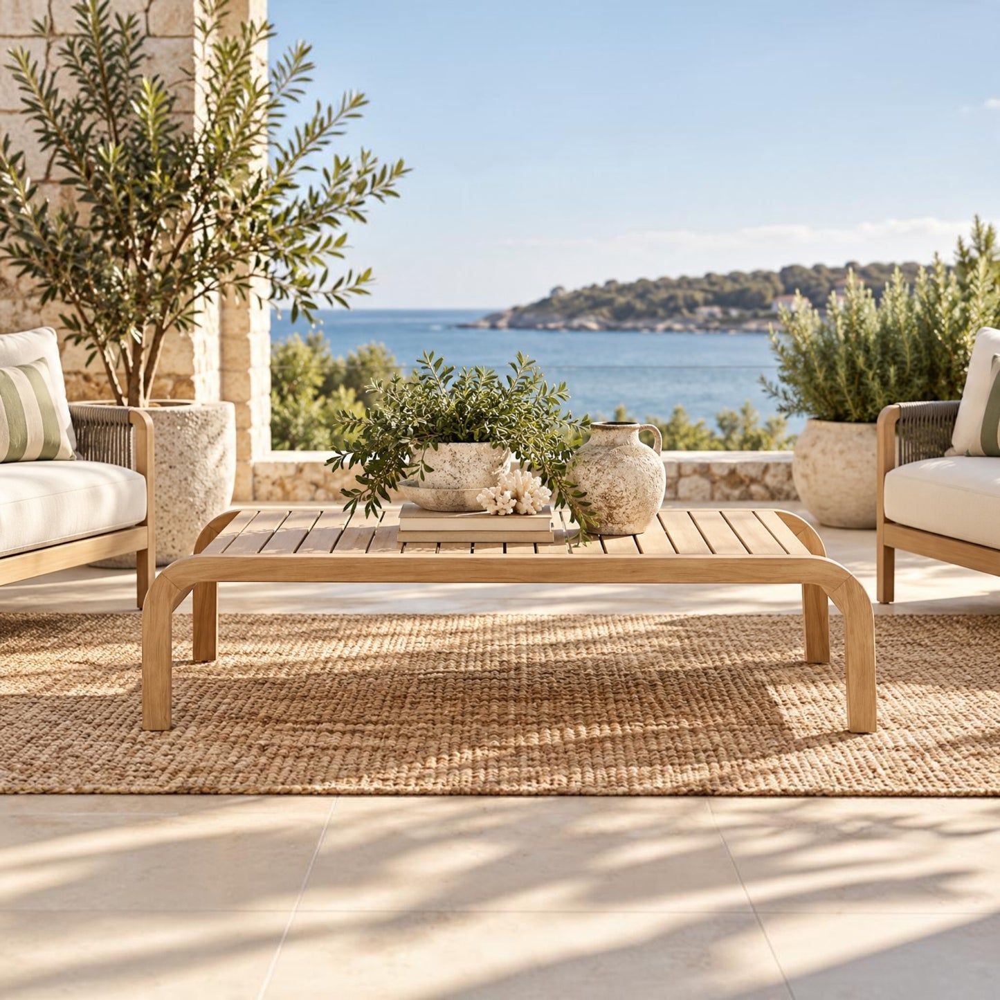 A light natural wood outdoor coffee table with curved legs sits on a woven jute rug on a stone patio, with a blue sea and distant island visible in the background. Matching outdoor furniture and potted plants surround it.