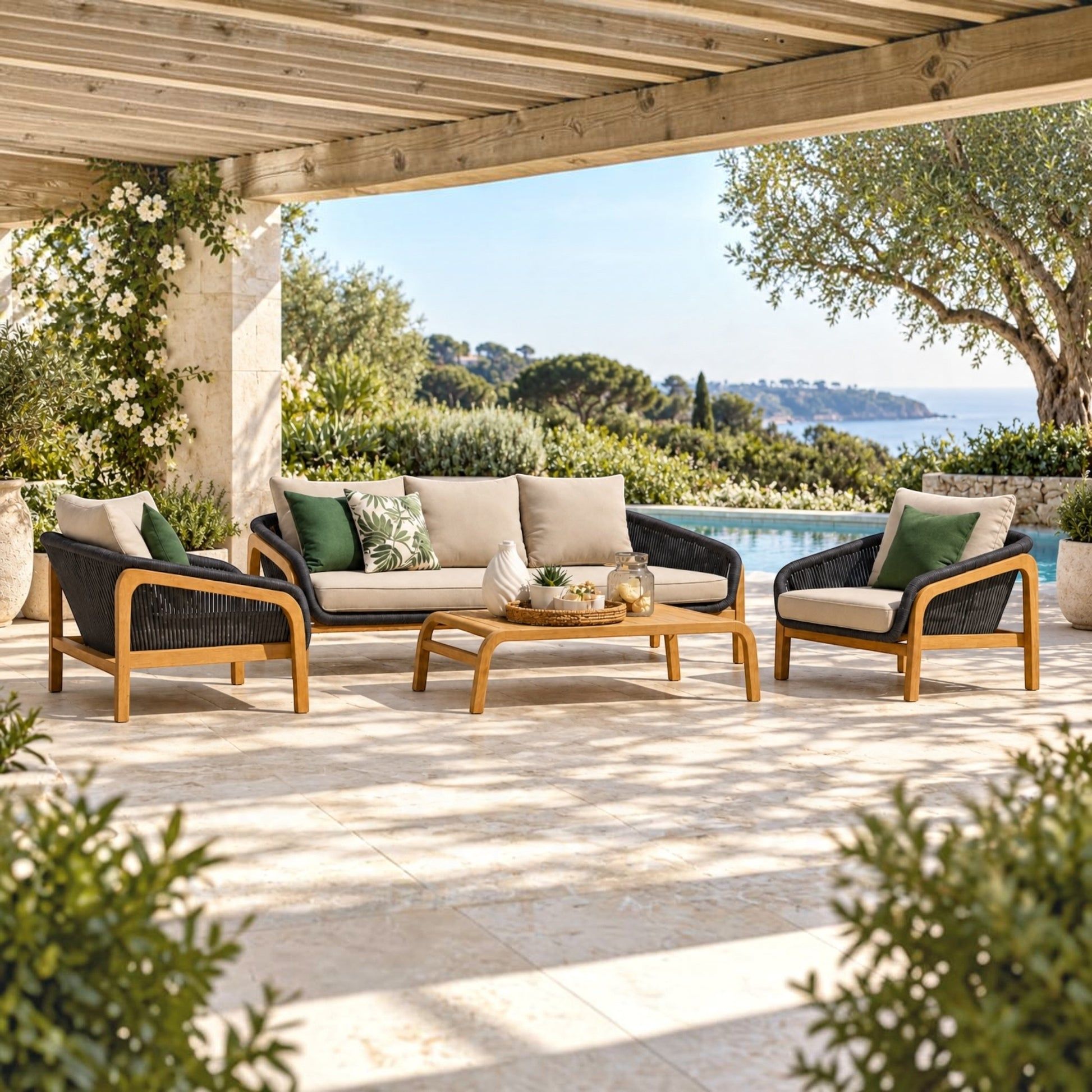 Outdoor patio furniture set under a wooden pergola beside a pool, featuring a beige and black woven sofa, two matching armchairs with green accent pillows, and a wooden coffee table on a stone patio.