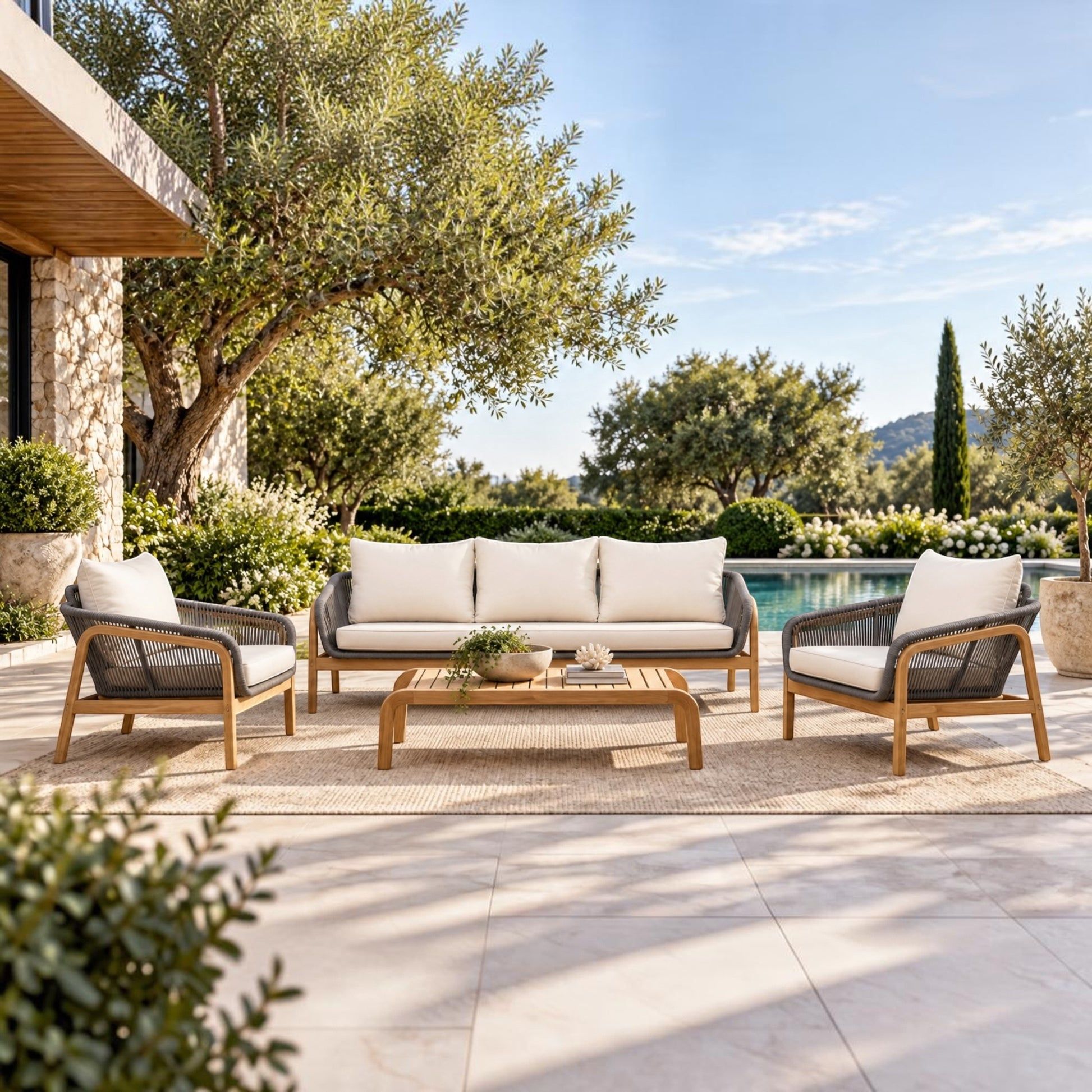 A 5-piece outdoor patio furniture set including a three-seater sofa, two armchairs, and a rectangular coffee table, arranged on a woven rug in a luxurious backyard setting with a pool, trees, and a stone house.