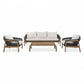 A 5-piece outdoor patio furniture set featuring a three-seater sofa, two armchairs, and a rectangular coffee table. The frames and coffee table are made of brown teak wood, while the woven seats and backs are black.