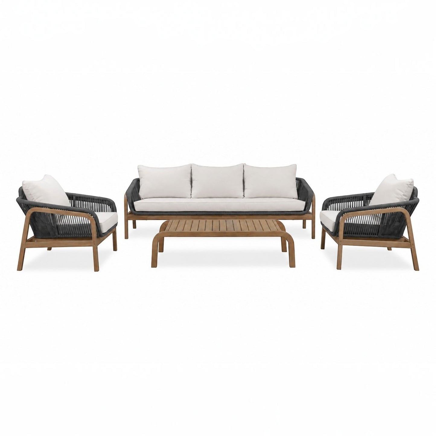 A 5-piece outdoor patio furniture set featuring a three-seater sofa, two armchairs, and a rectangular coffee table. The frames and coffee table are made of brown teak wood, while the woven seats and backs are black.