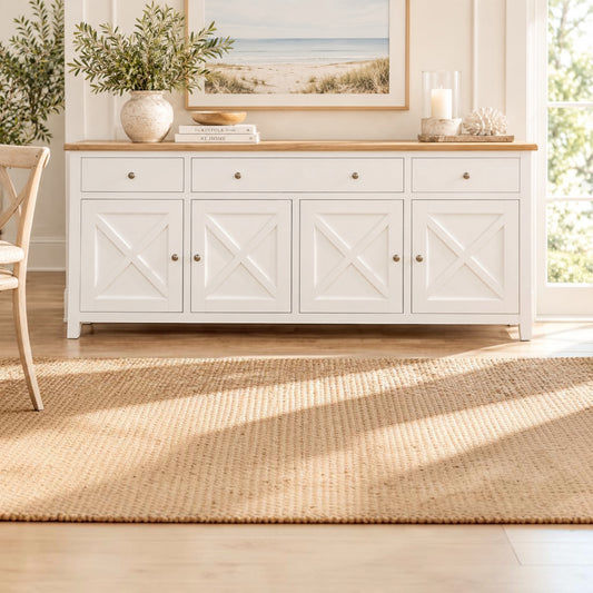A white wooden sideboard or credenza with three doors featuring an X-shaped panel design, three drawers, and a light natural wood top, styled in a bright room with a woven rug, plants, and a beach print on the wall.