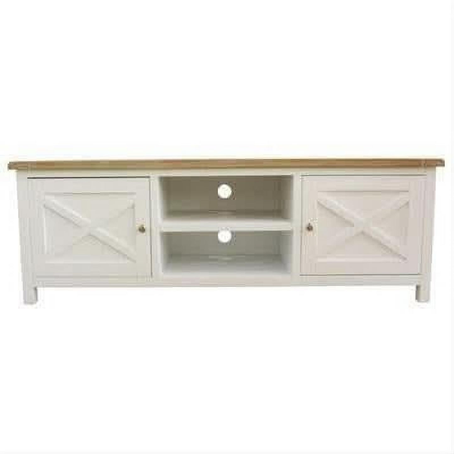 A white wooden TV stand or media console with a natural wood top, featuring two cabinet doors with X-brace panels on the sides and two open shelves in the center.