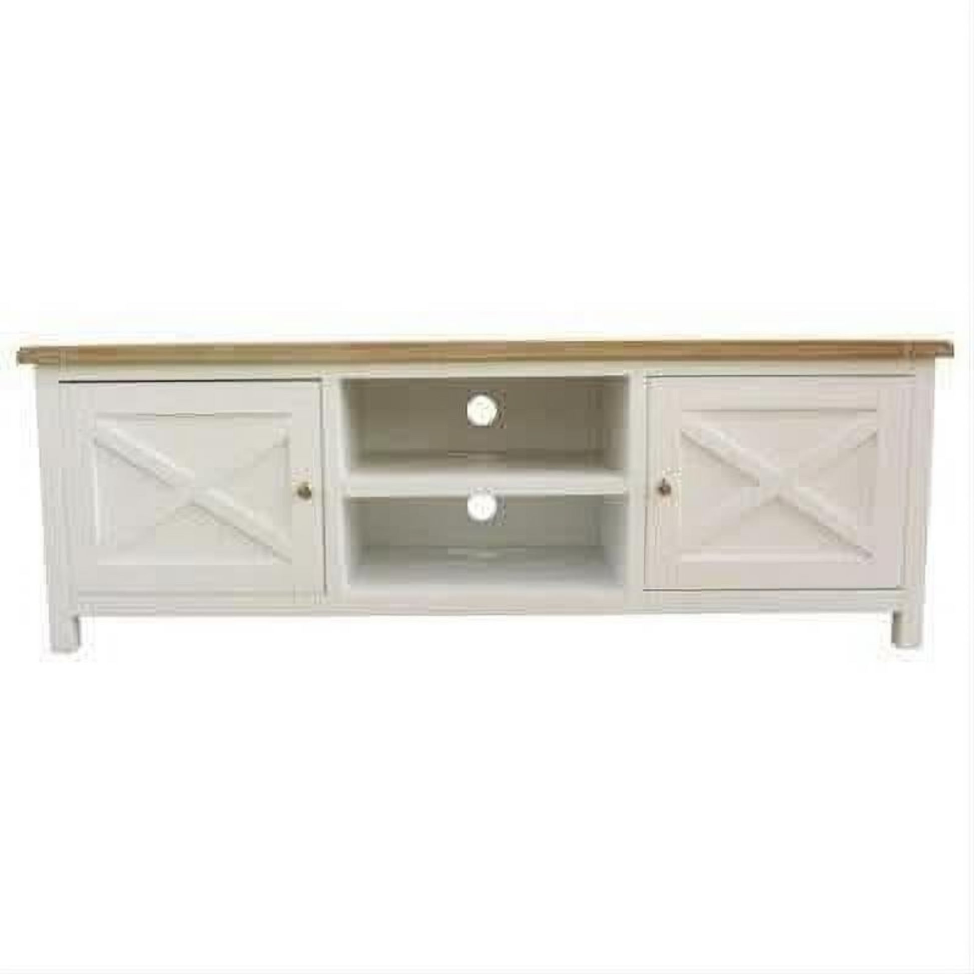 A white wooden TV stand or media console with a natural wood top, featuring two cabinet doors with X-brace panels on the sides and two open shelves in the center.