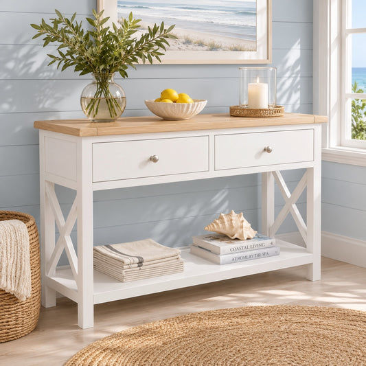 A white console table with a light wood top, two drawers, and an open lower shelf, styled in a bright coastal room with beach wall panels, a vase of greenery, lemons, a candle, and books.