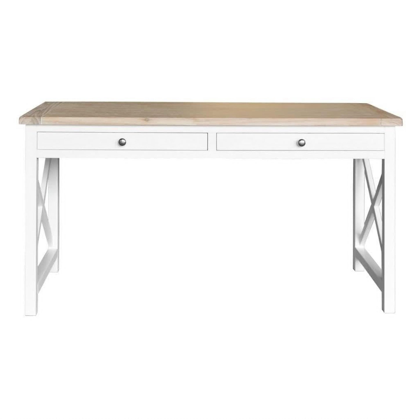 A white writing desk with a light natural wood top, featuring two drawers with round silver knobs and X-shaped metal legs, shown against a plain white background.