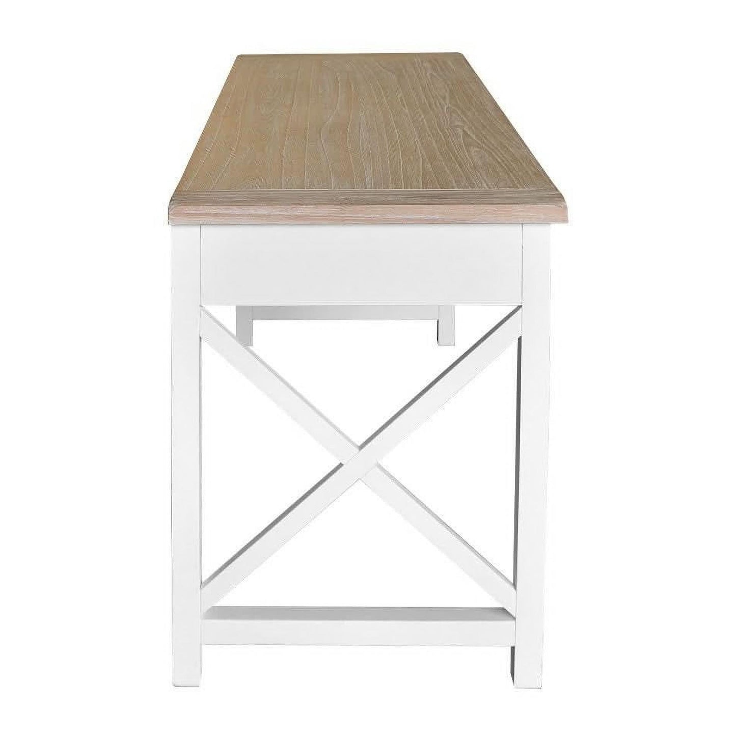 A white writing desk with a light natural wood top and a white X-shaped leg frame, shown from a front-facing perspective on a solid white background.