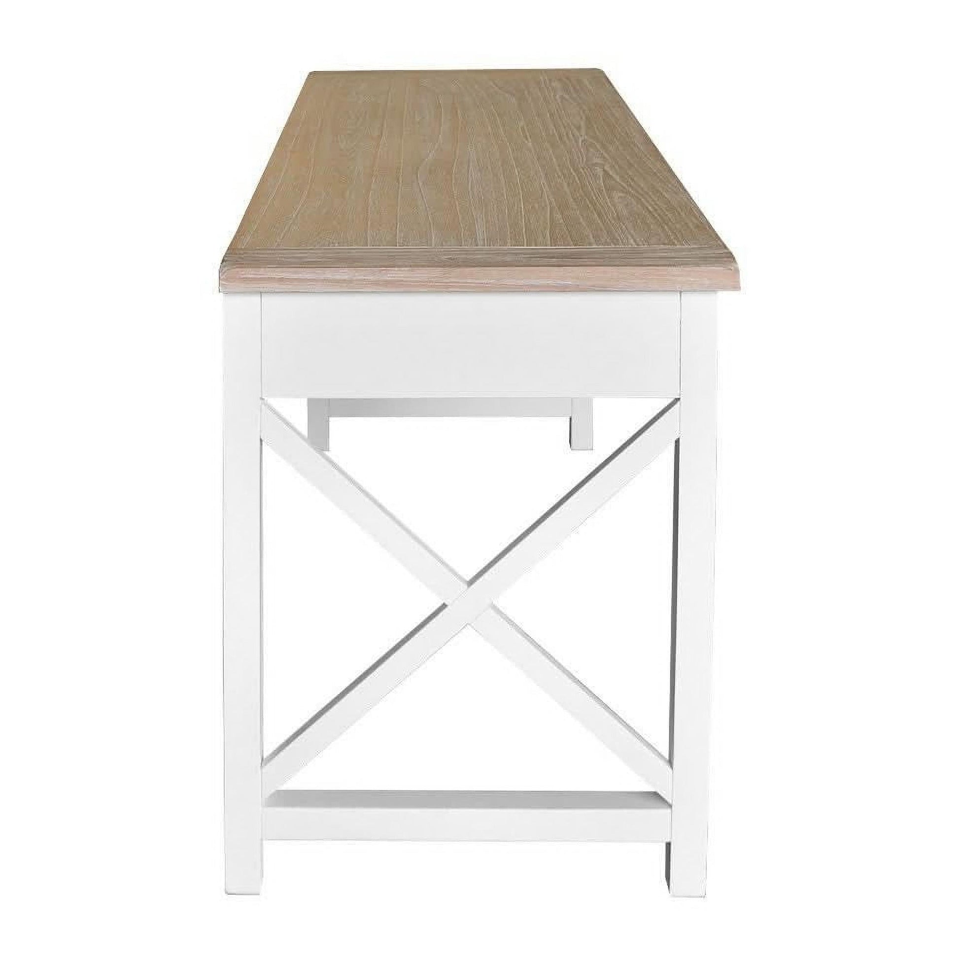 A white writing desk with a light natural wood top and a white X-shaped leg frame, shown from a front-facing perspective on a solid white background.