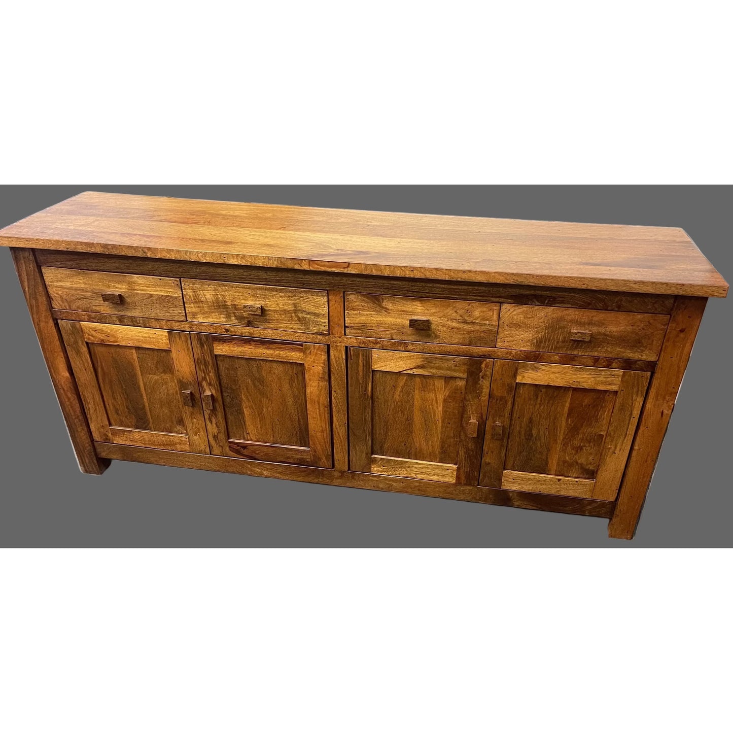Solid Benato Indian Rosewood buffet with four doors and four drawers, showcasing rich wood grain and craftsmanship.