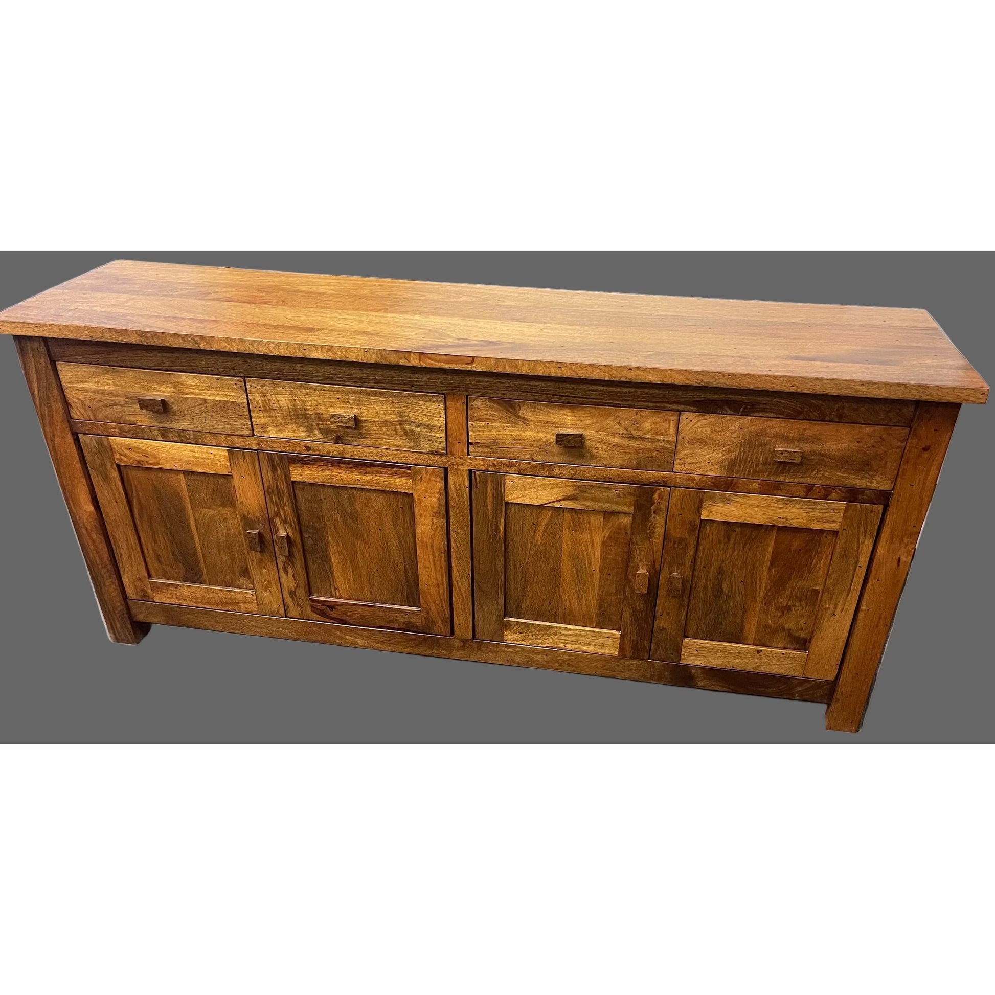 Solid Benato Indian Rosewood buffet with four doors and four drawers, showcasing rich wood grain and craftsmanship.