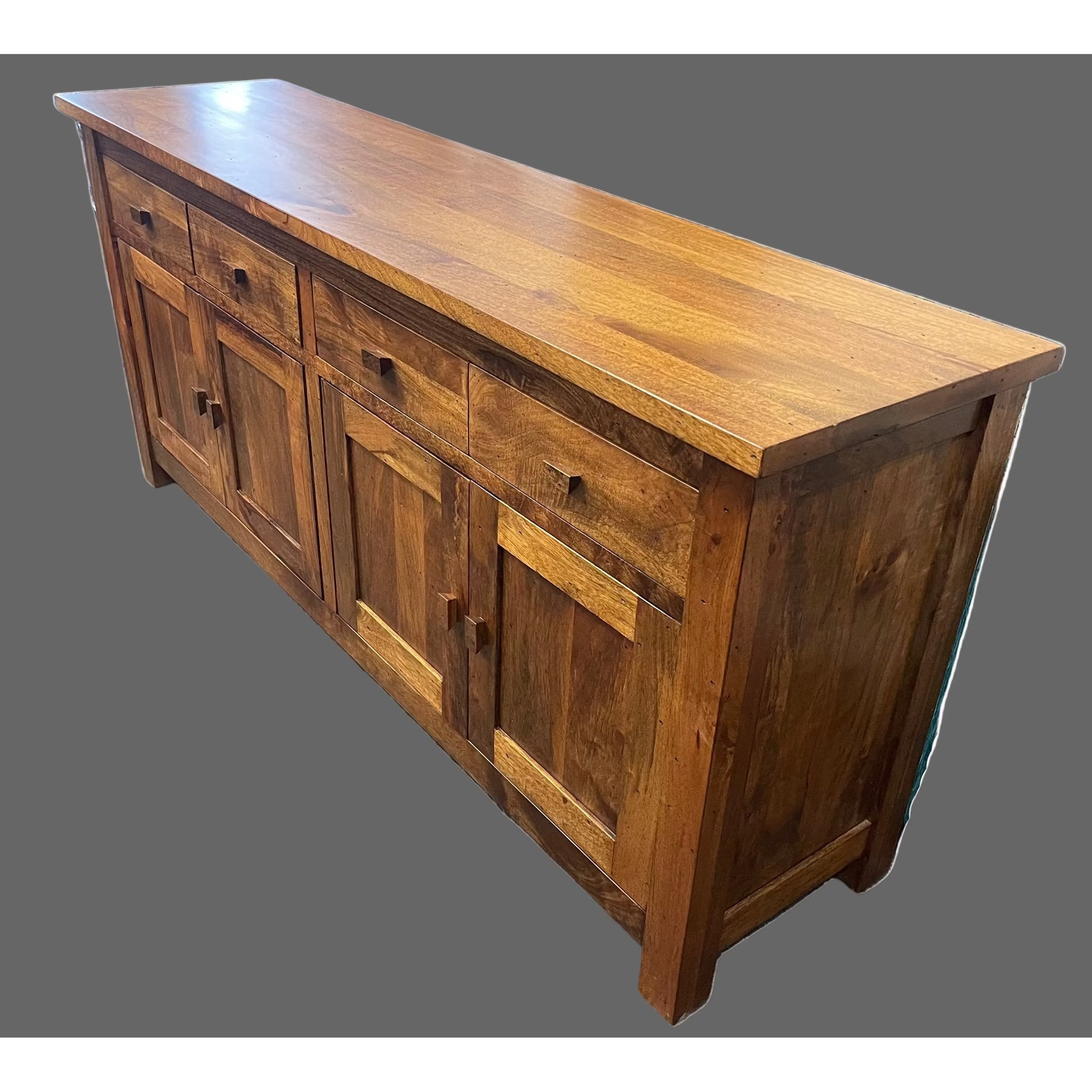 Solid Benato Indian Rosewood buffet with four doors and four drawers, showcasing a polished finish and intricate wood grain.