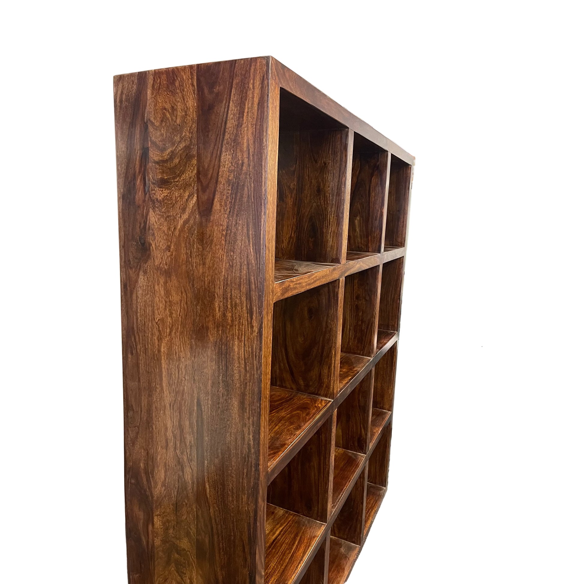 Solid Benato Indian Rosewood 12-cube display unit from MyChocolateWood, showcasing a sleek, 12-cube wooden shelving design.