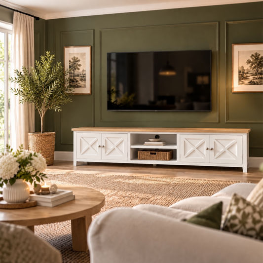 A white TV stand with a light wood top and cabinet doors, styled in a living room against an olive green paneled wall with a television mounted above it.