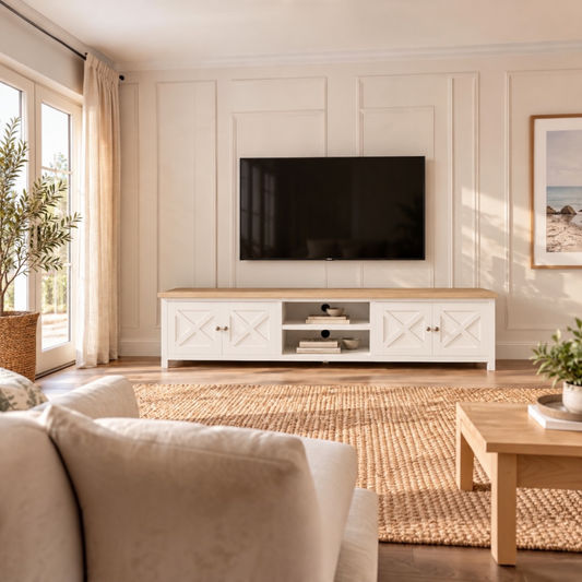 Christa Hampton Solid Acacia 4-Door 2-Niche TV Unit in Light Oak & White 210cm