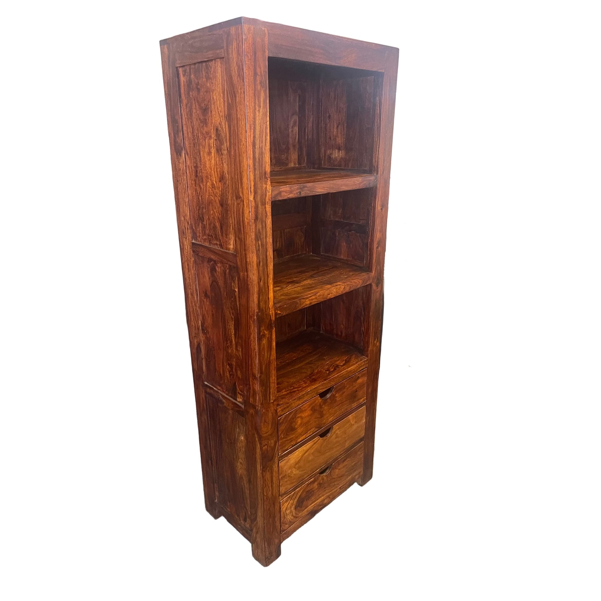 Solid Benato Indian Rosewood bookcase with 3 drawers and 3 shelves, showcasing rich wood grain and craftsmanship.