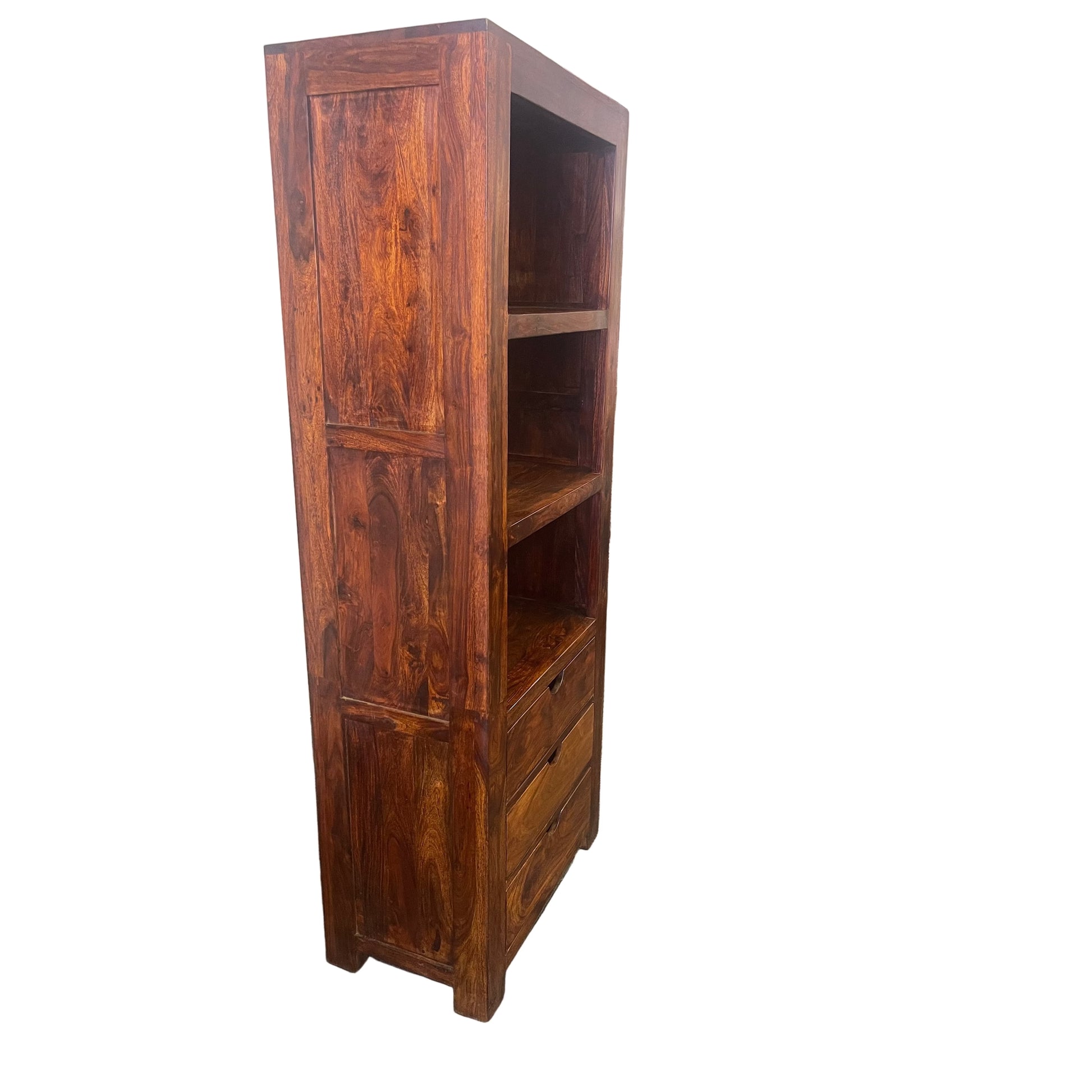 Solid Benato Indian Rosewood bookcase with 3 drawers and 3 shelves, natural wood finish, showcasing craftsmanship and storage space.