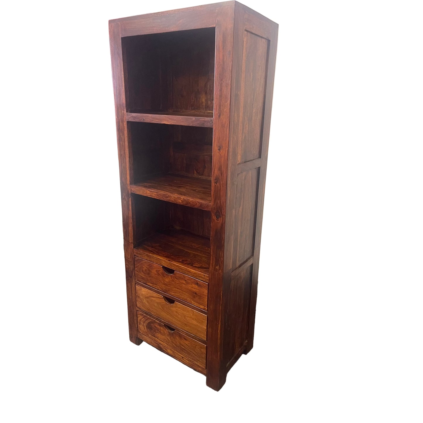 Solid Benato Indian Rosewood bookcase with 3 drawers and 3 shelves, crafted by MyChocolateWood, showcasing rich wood grain and sturdy design.