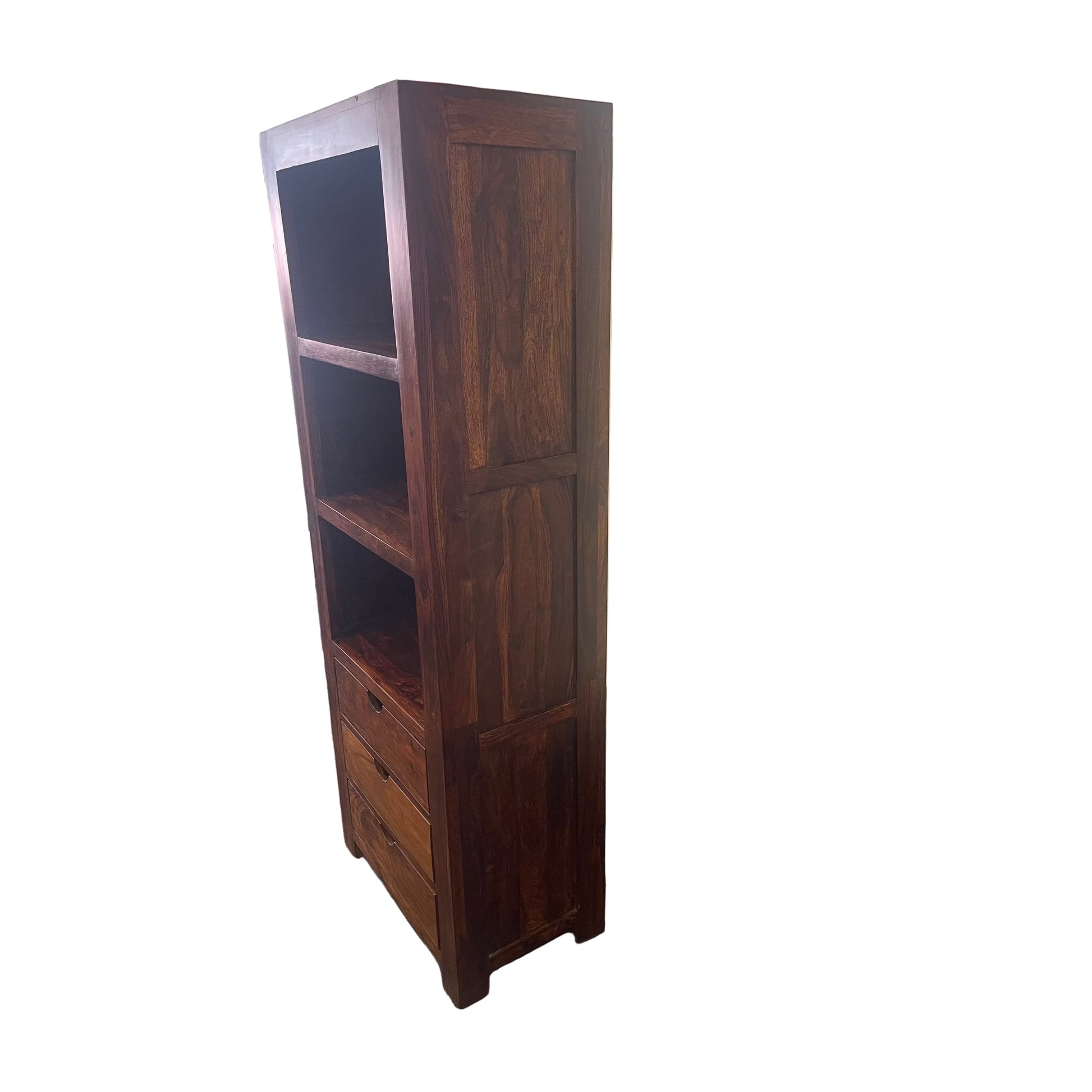 Solid Benato Indian Rosewood bookcase with 3 drawers and 3 shelves, featuring a sturdy design and natural wood finish.