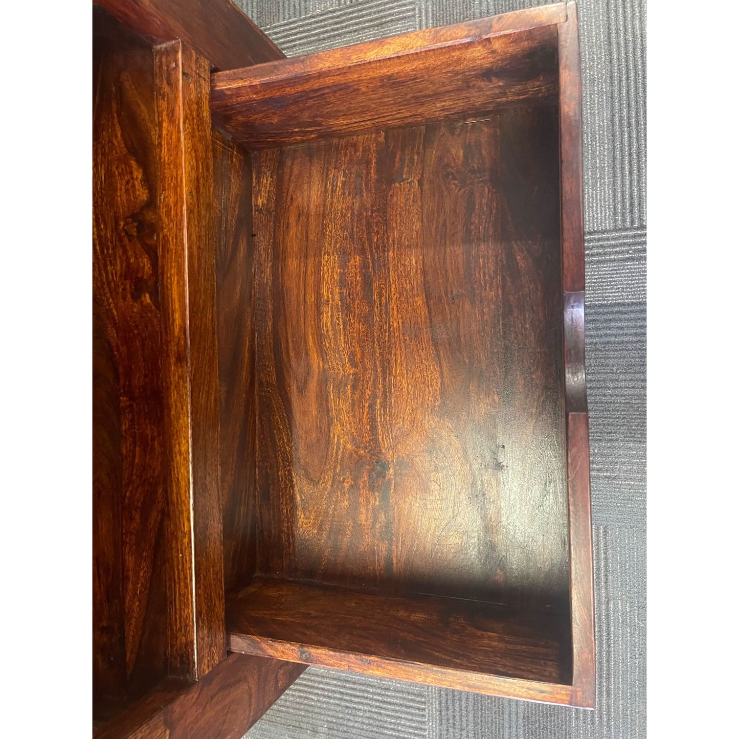 Solid Benato Indian Rosewood bookcase with 3 drawers and 3 shelves, showcasing rich wood grain and craftsmanship.