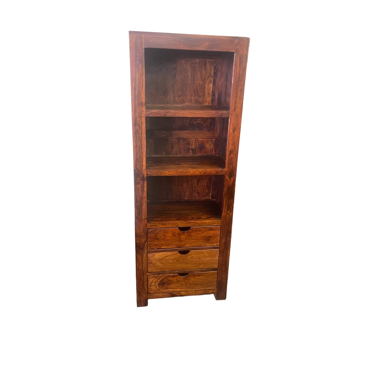 Solid Benato Indian Rosewood bookcase with 3 drawers and 3 shelves, showcasing rich wood grain and craftsmanship.