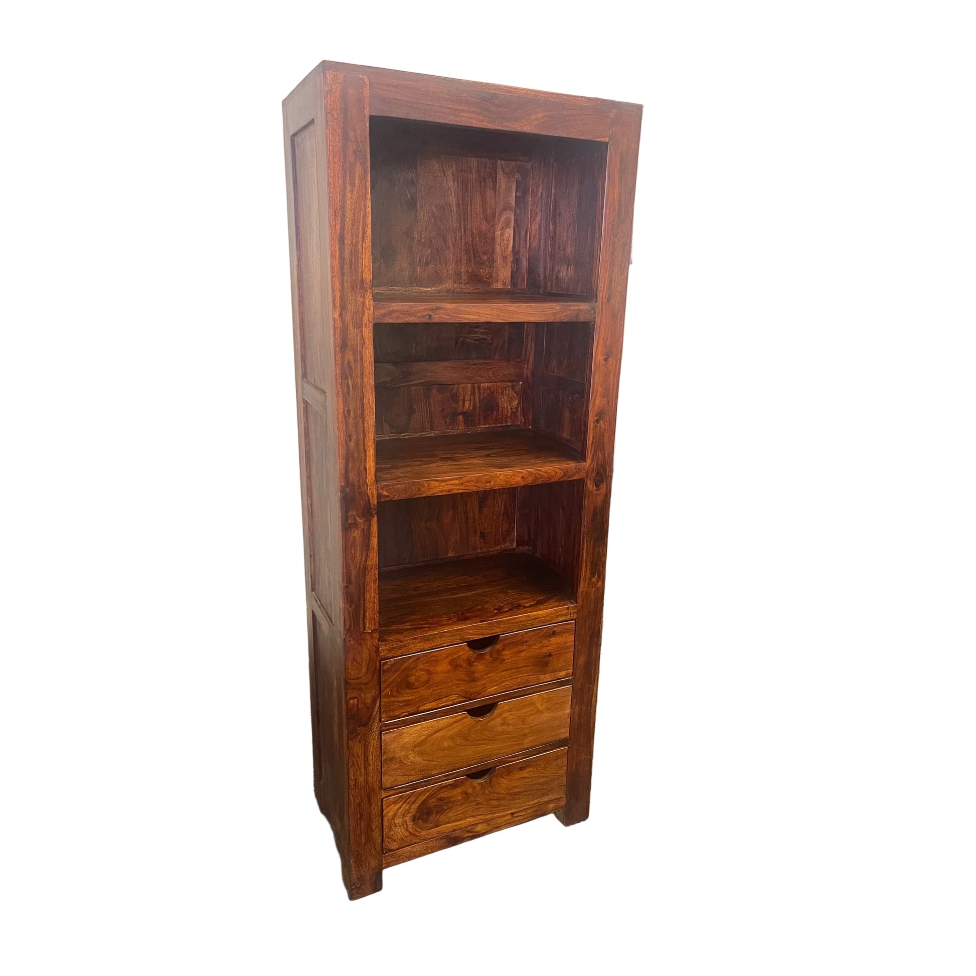 Solid Benato Indian Rosewood bookcase with 3 drawers and 3 shelves, showcasing rich wood grain and sturdy craftsmanship.
