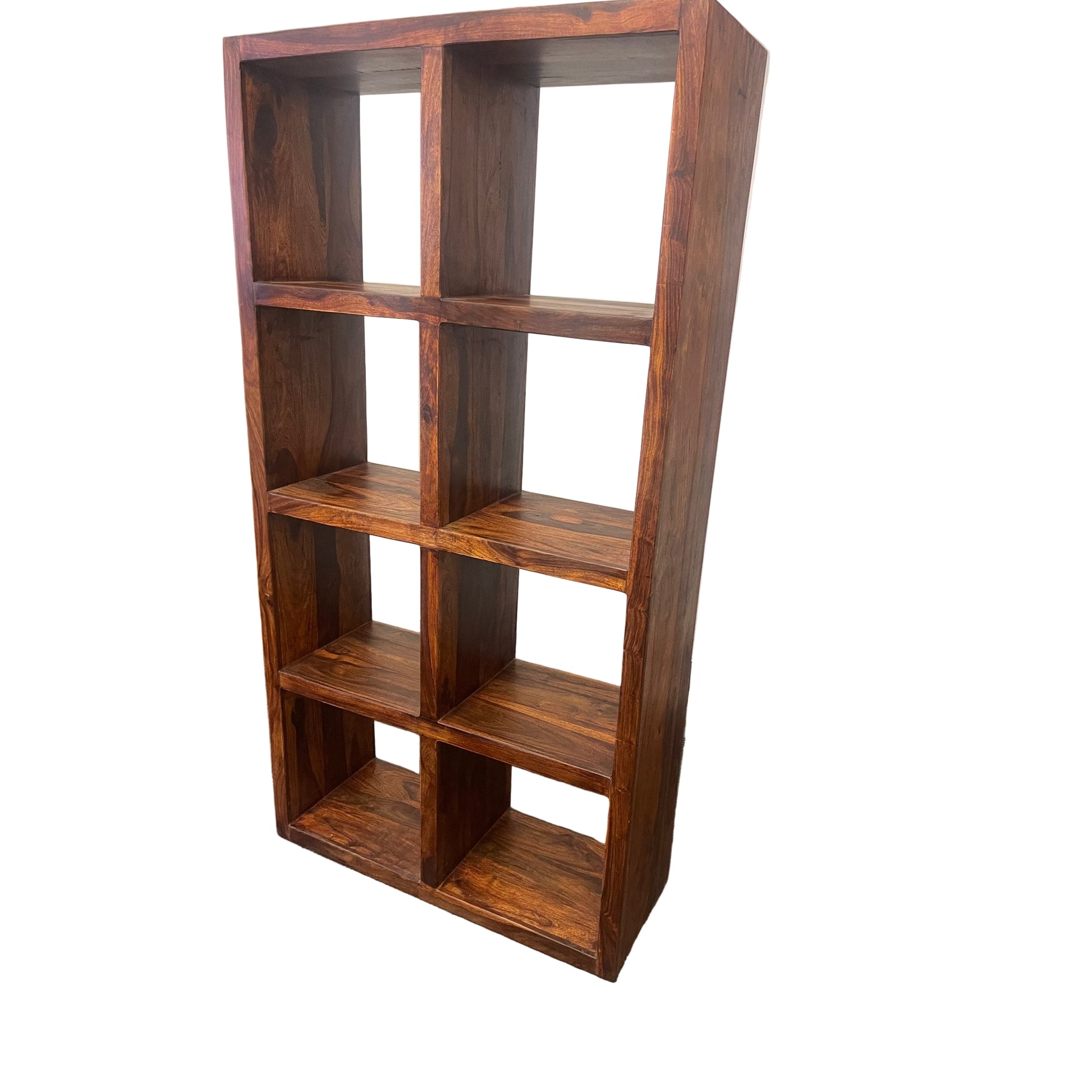 Solid Benato Indian Rosewood 8-cube display unit by MyChocolateWood, showcasing a sleek, natural wood finish on a sturdy floor display.