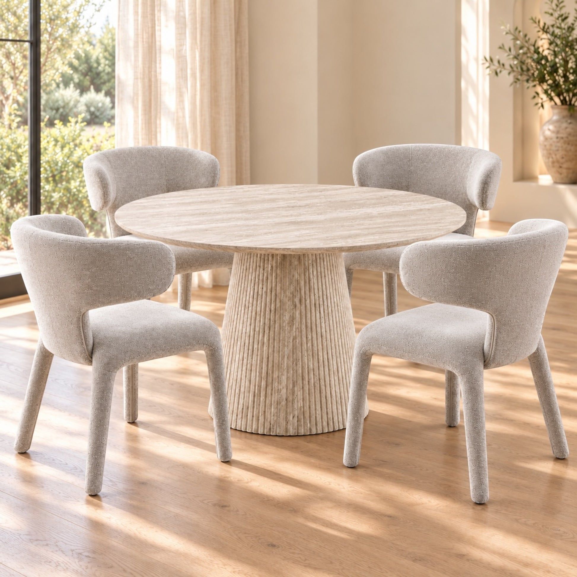 Byrd 5-Piece Dining Set — Round Travertine Look Dining Table 120cm & 4 Byrd Dining Chairs in Ivory - Chocolate Wood