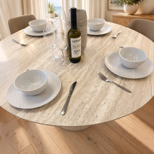 Byrd 5-Piece Dining Set — Round Travertine Look Dining Table 120cm & 4 Byrd Dining Chairs in Ivory