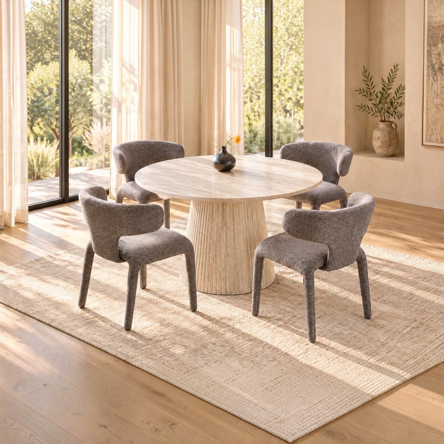 Byrd 5-Piece Dining Set — Round Travertine Look Dining Table 120cm & 4 Byrd Dining Chairs in Flecked Mocha - Chocolate Wood