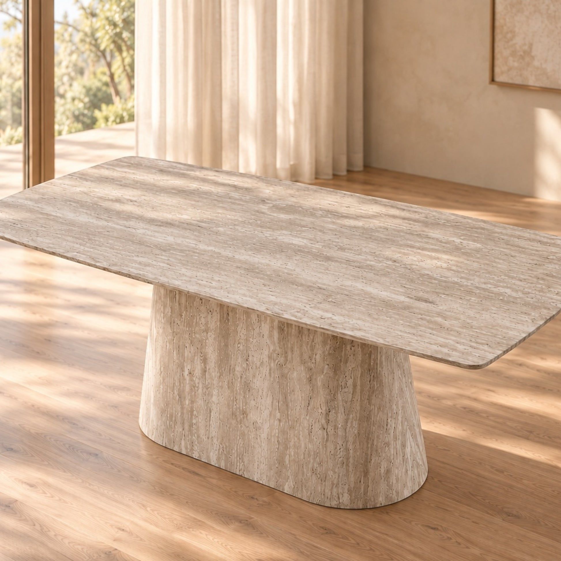 Byrd Rectangular Travertine Look Dining Table in White 180cm - Chocolate Wood