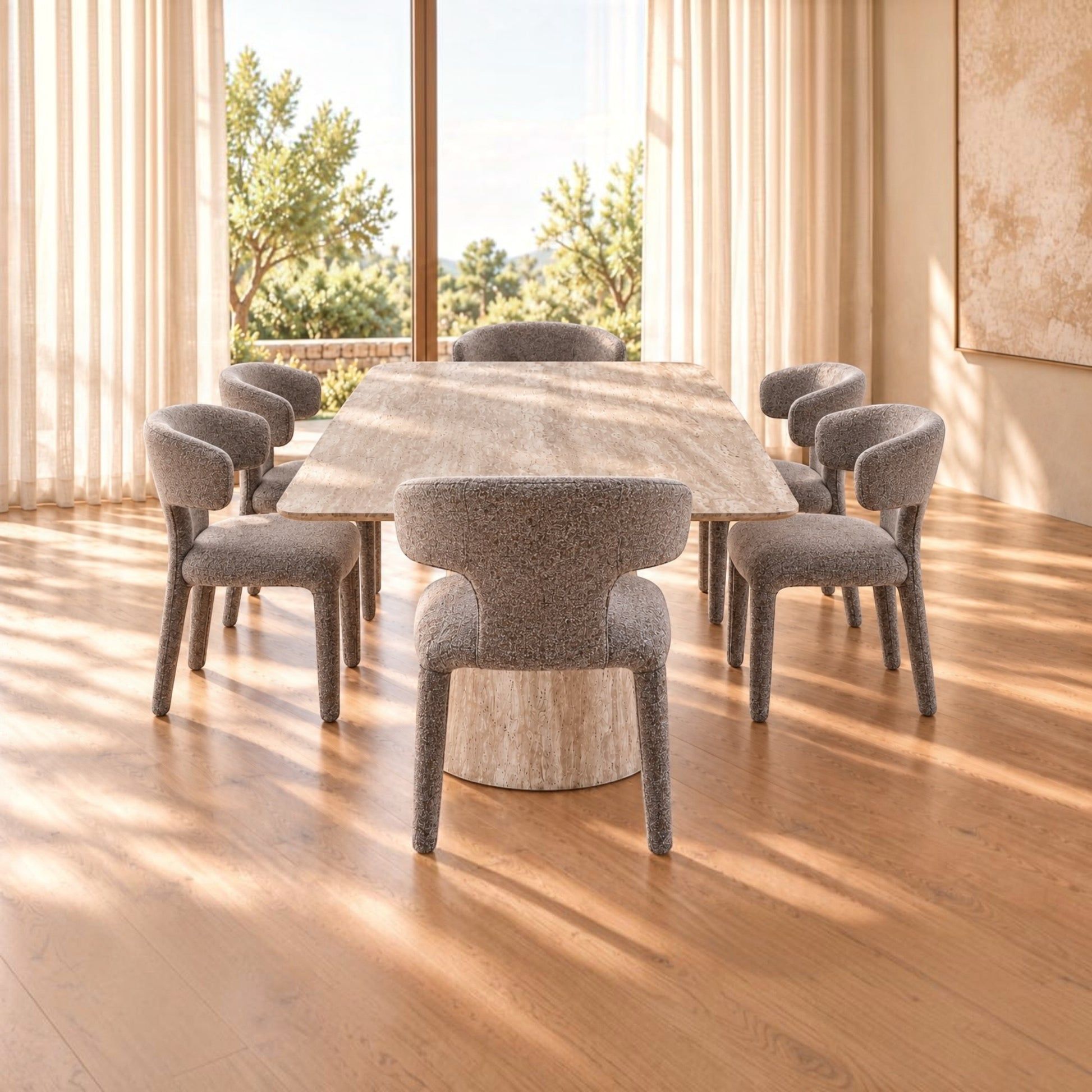 A modern dining set featuring a rectangular stone-look table and six upholstered chairs in a warm, sunlit room with wood floors and large windows.