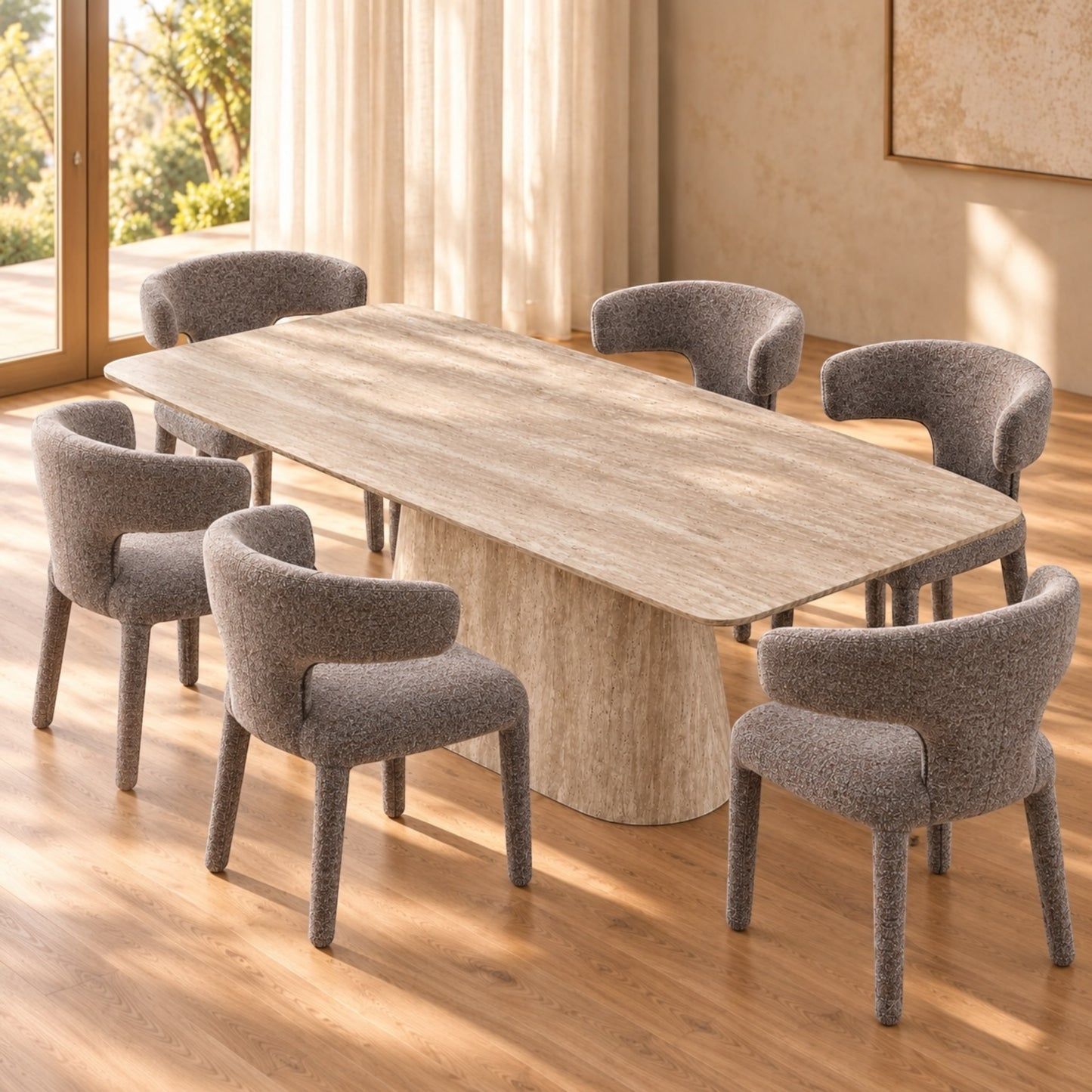 Byrd 7-Piece Dining Set — Rectangular Travertine Look Dining Table 180cm & 6 Byrd Dining Chairs in Flecked Mocha - Chocolate Wood