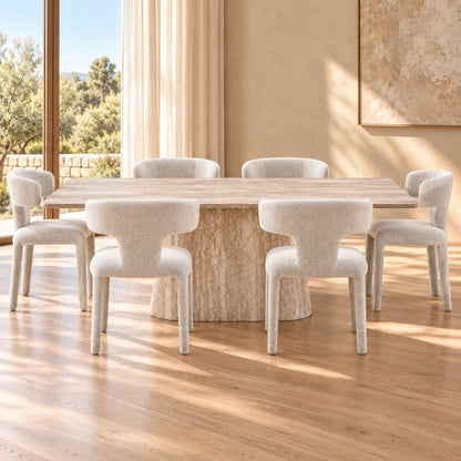 Byrd 7-Piece Dining Set — Rectangular Travertine Look Dining Table 180cm & 6 Byrd Dining Chairs in Ivory - Chocolate Wood