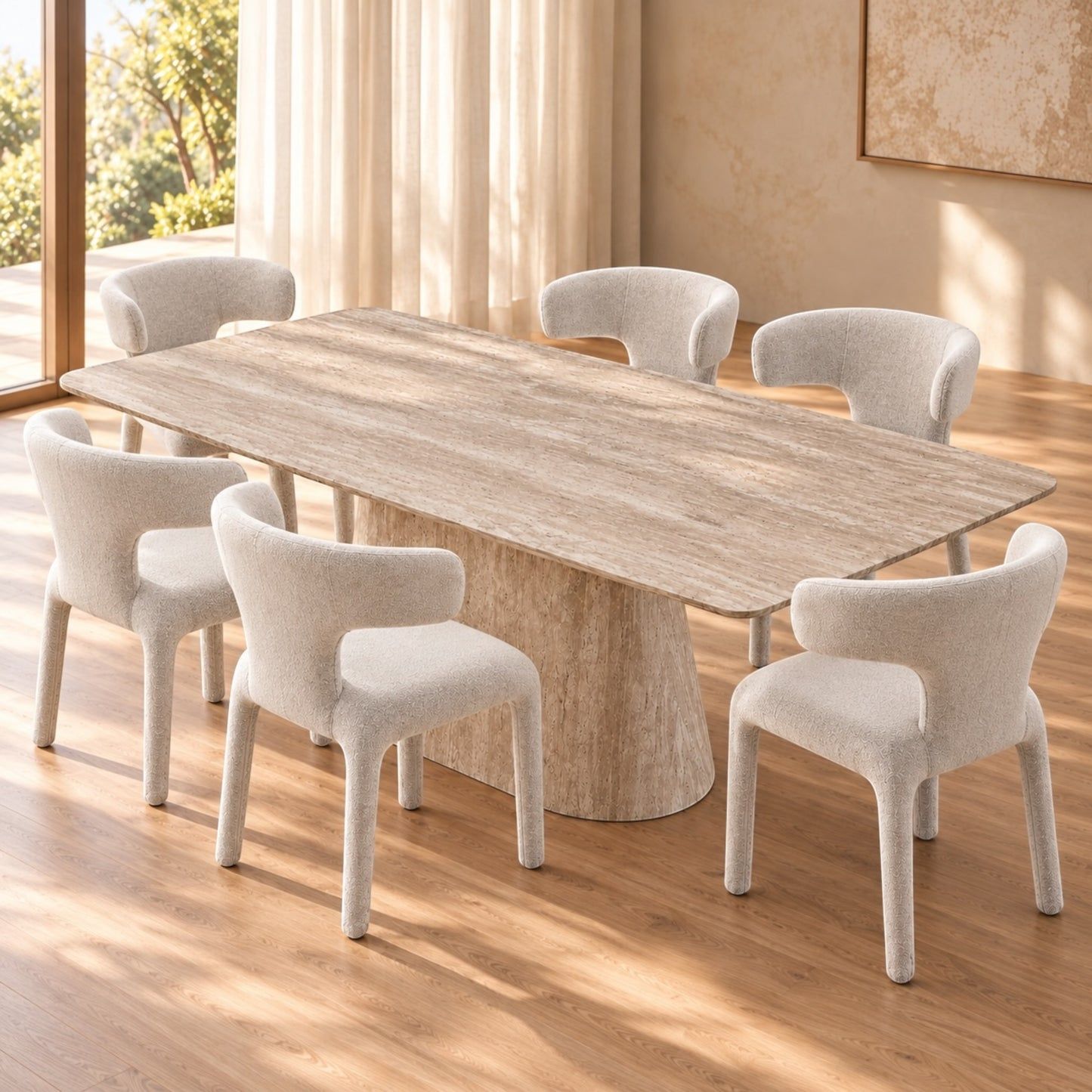 A modern dining set featuring a rectangular light beige stone table with a sculptural pedestal base, surrounded by six upholstered dining chairs in a warm, sunlit room.
