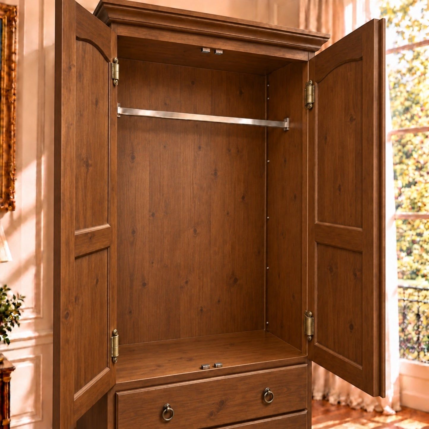 A wooden armoire or closet cabinet with two doors open, showing an interior hanging rod, shelf, and drawer. The cabinet is photographed in a real room with warm sunlight, window curtains, and a glimpse of outdoor greenery, so this is Lifestyle rather than Product/Packaging.