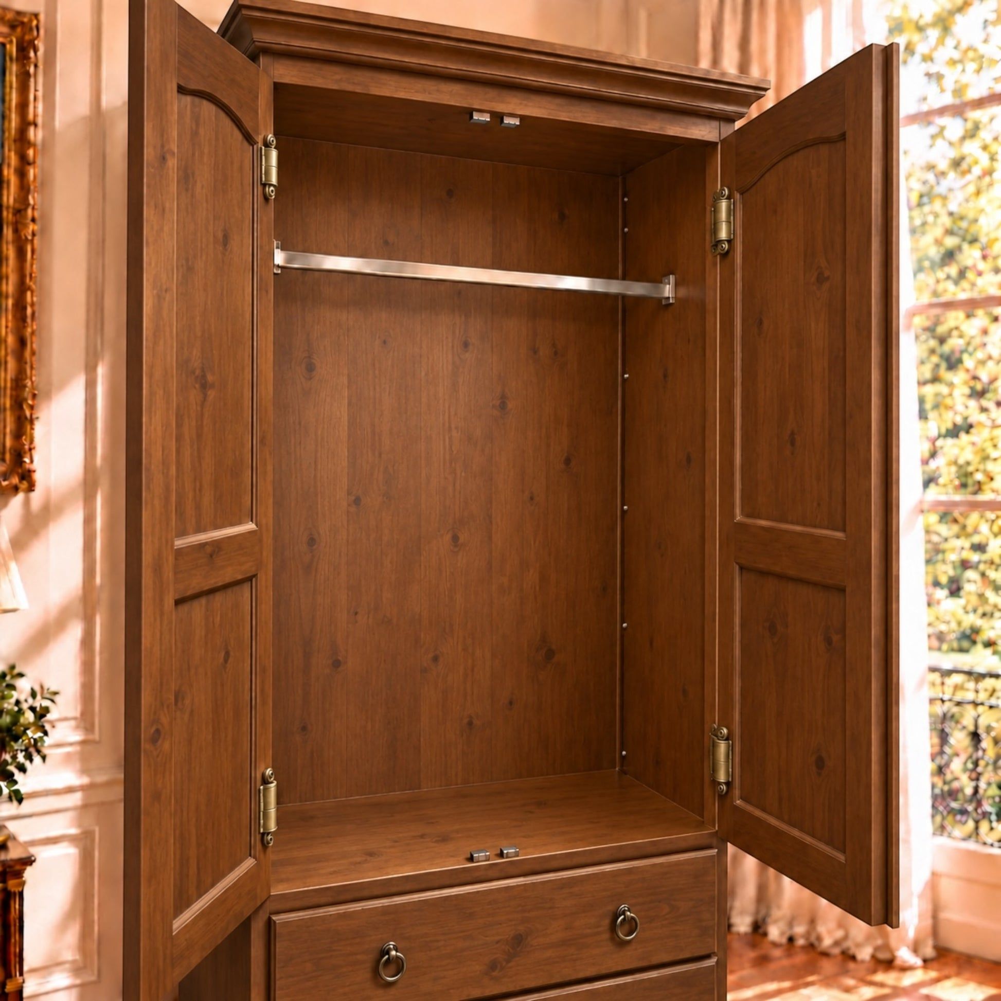 A wooden armoire or closet cabinet with two doors open, showing an interior hanging rod, shelf, and drawer. The cabinet is photographed in a real room with warm sunlight, window curtains, and a glimpse of outdoor greenery, so this is Lifestyle rather than Product/Packaging.