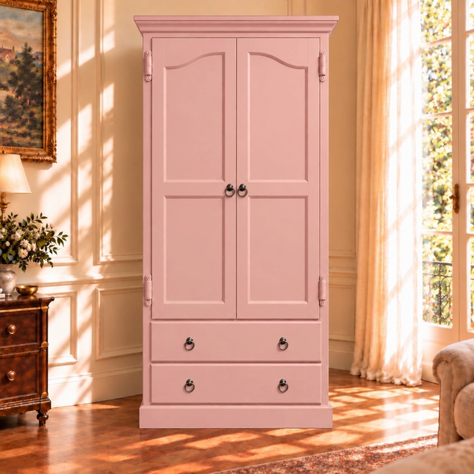 Cambridge Wardrobe / Armoire in Pink Dust - Chocolate Wood