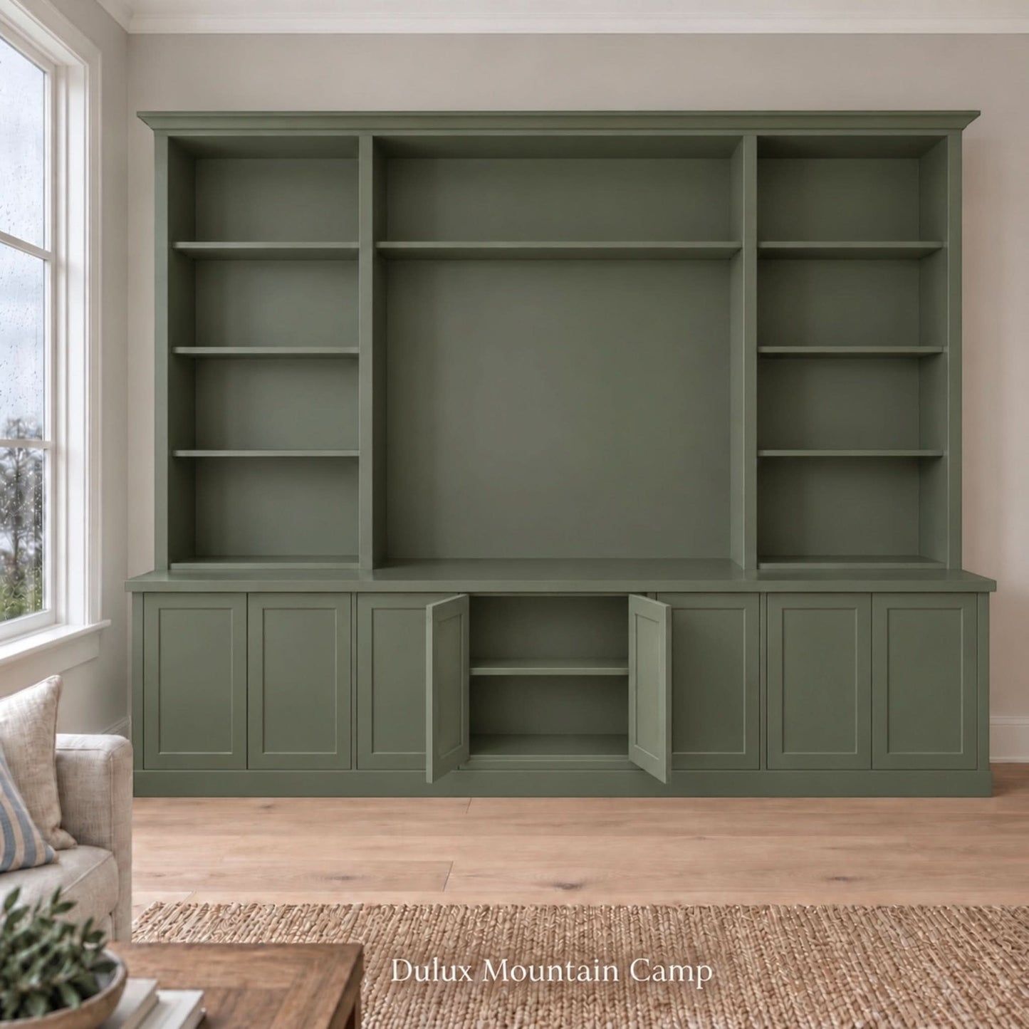 Harrington 5-piece wall unit in Dulux Mountain Camp with the centre buffet doors open to show interior storage