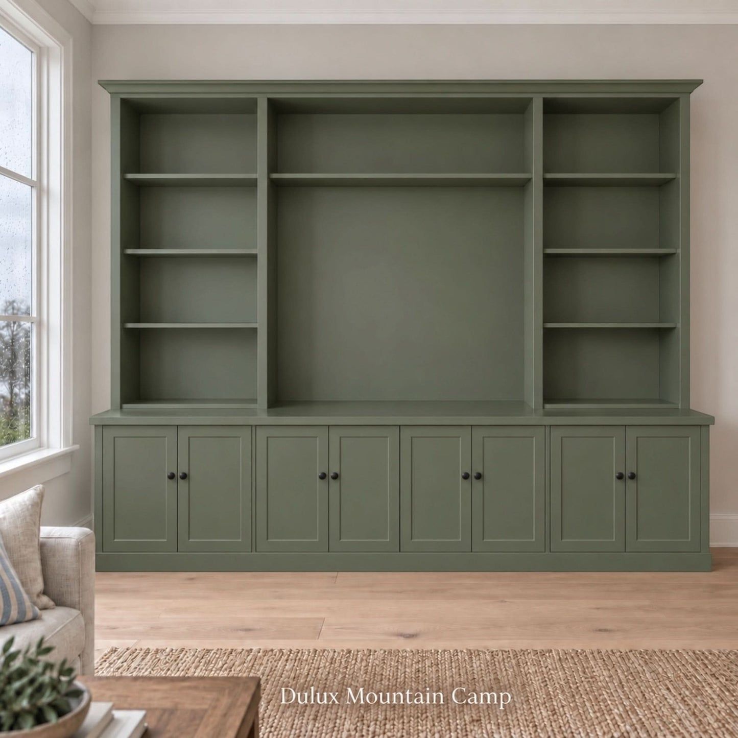 Harrington 5-piece wall unit in Dulux Mountain Camp with solid panel doors and knob handles