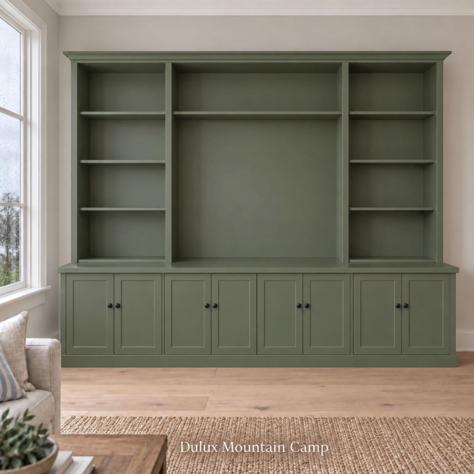 Harrington 5-piece wall unit in Dulux Mountain Camp with solid panel doors and knob handles