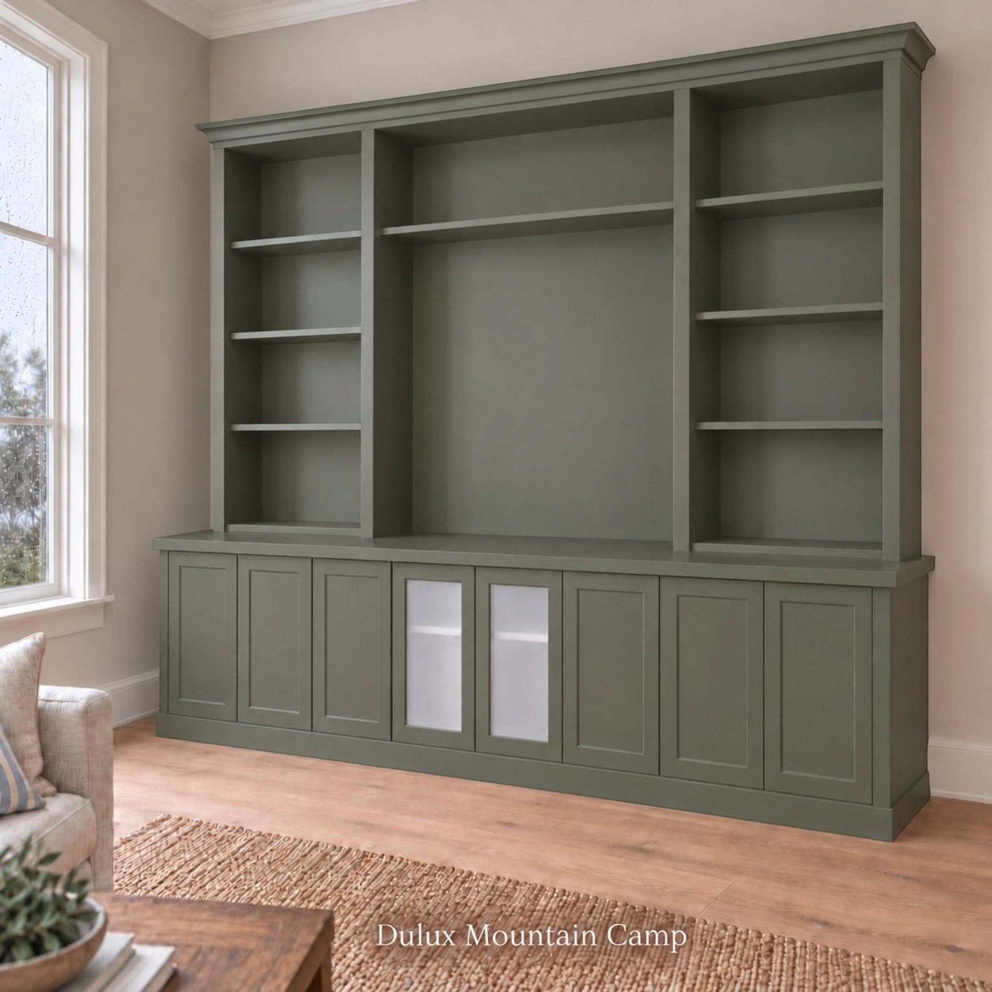 Harrington 5-piece wall unit in Dulux Mountain Camp, angled view with frosted glass centre doors