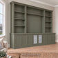 Harrington 5-piece wall unit in Dulux Mountain Camp, wide angled view with frosted glass centre doors