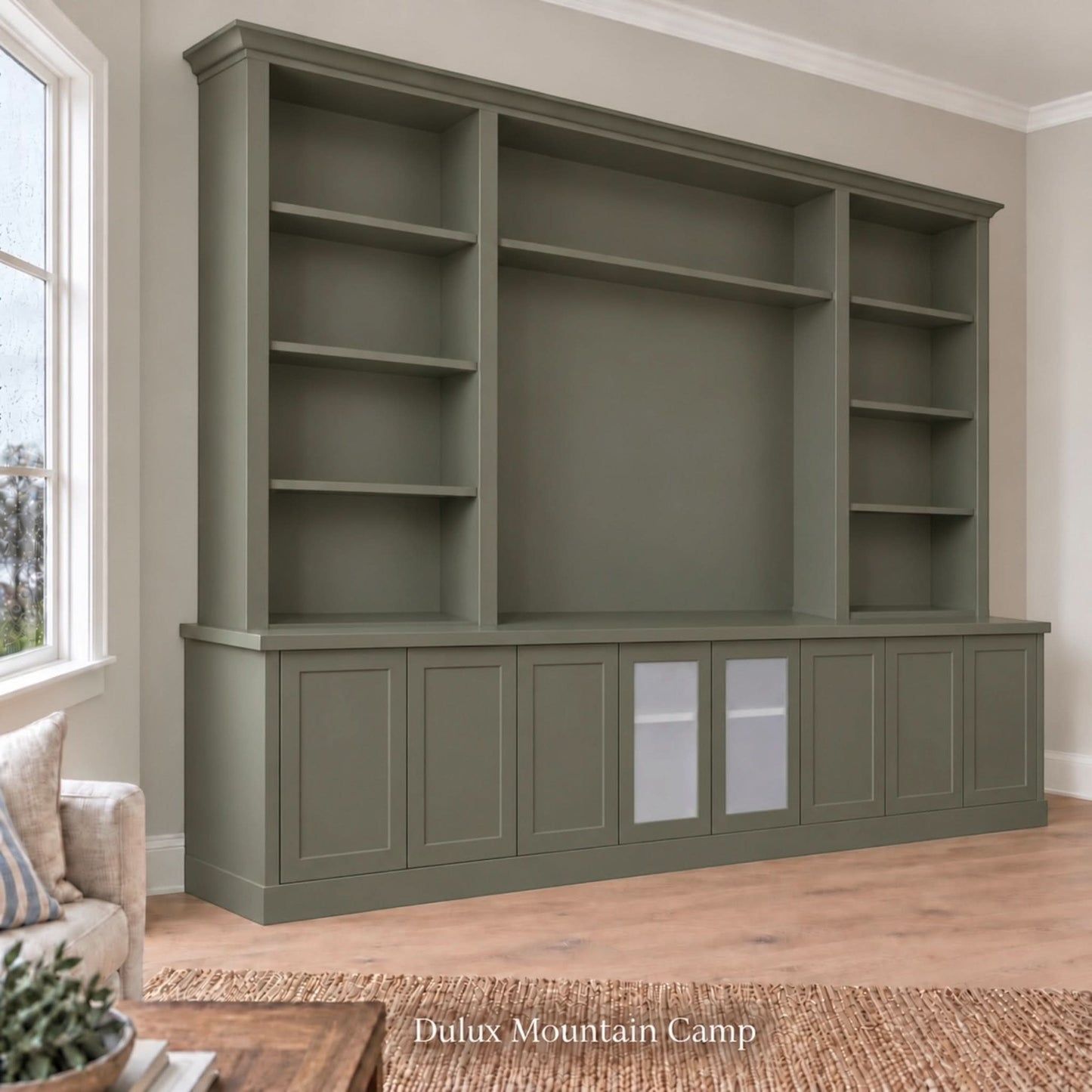 Harrington 5-piece wall unit in Dulux Mountain Camp, wide angled view with frosted glass centre doors