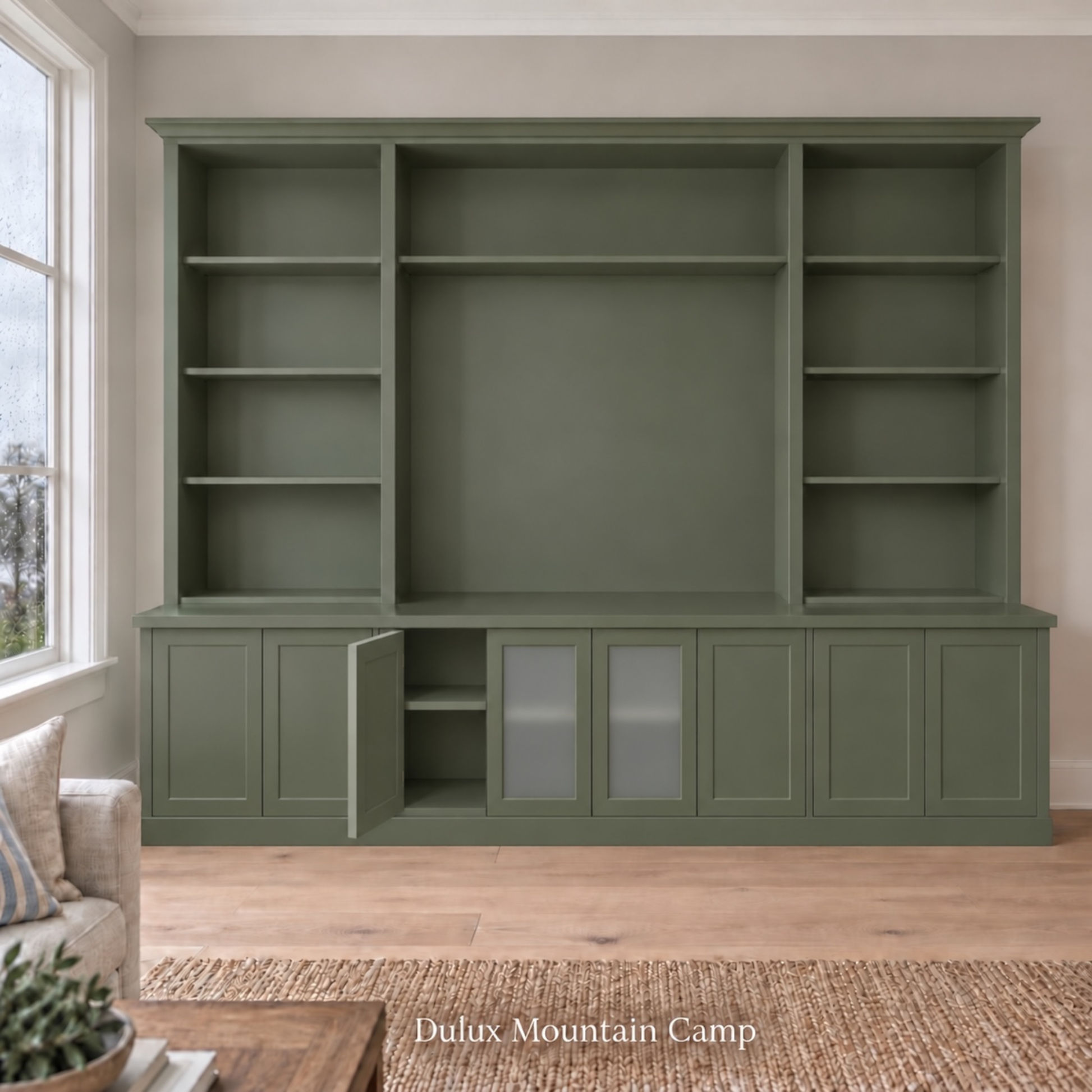Harrington 5-piece wall unit in Dulux Mountain Camp with a buffet door open to show interior storage, frosted glass centre doors