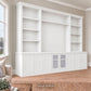 Harrington 5-piece wall unit in White, wide angled view with frosted glass centre doors