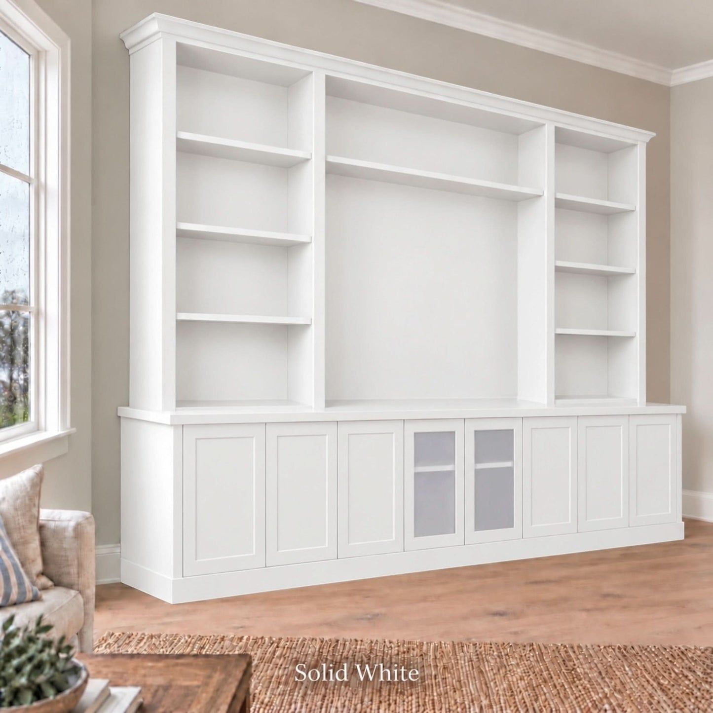 Harrington 5-piece wall unit in White, wide angled view with frosted glass centre doors