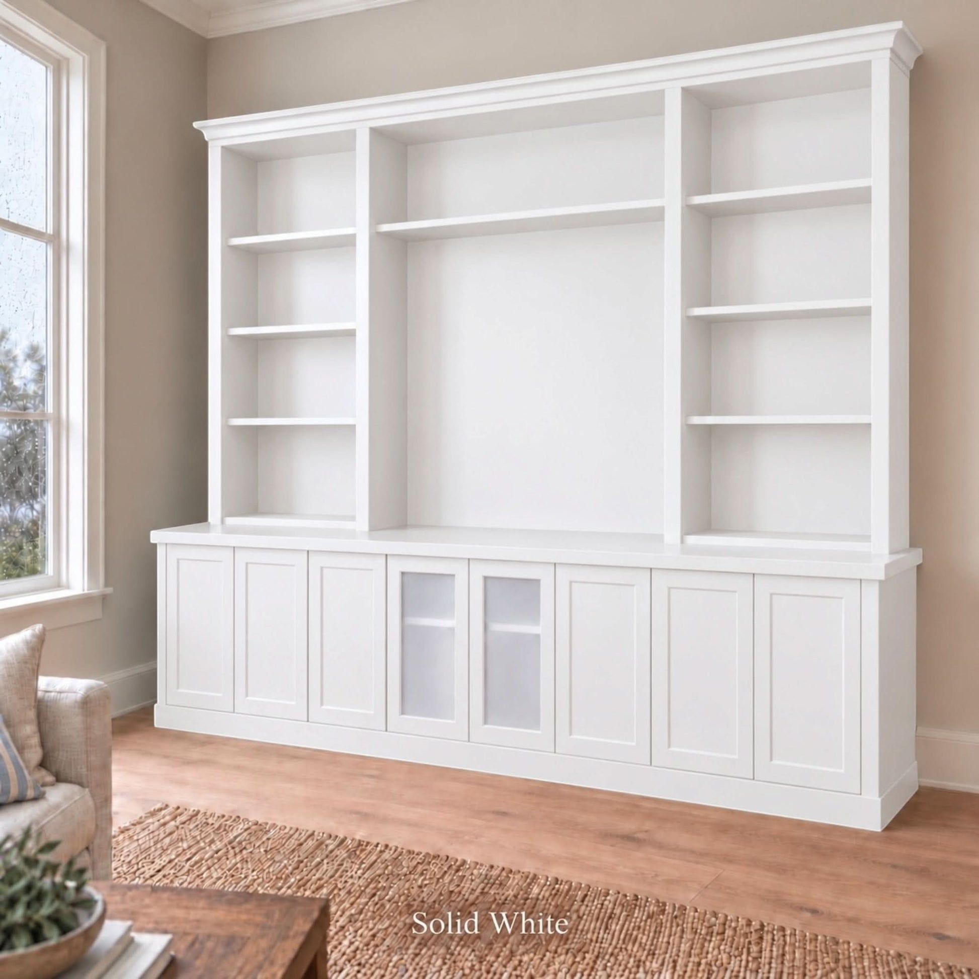 Harrington 5-piece wall unit in White, angled view with frosted glass centre doors